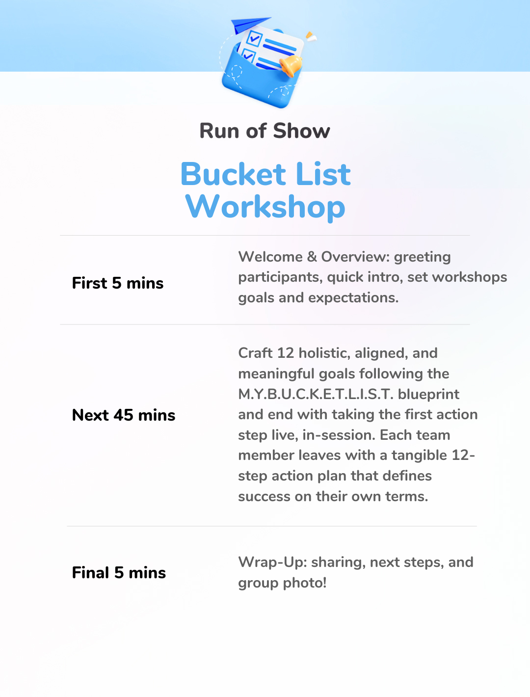 Bucket List Workshop - Run of Show