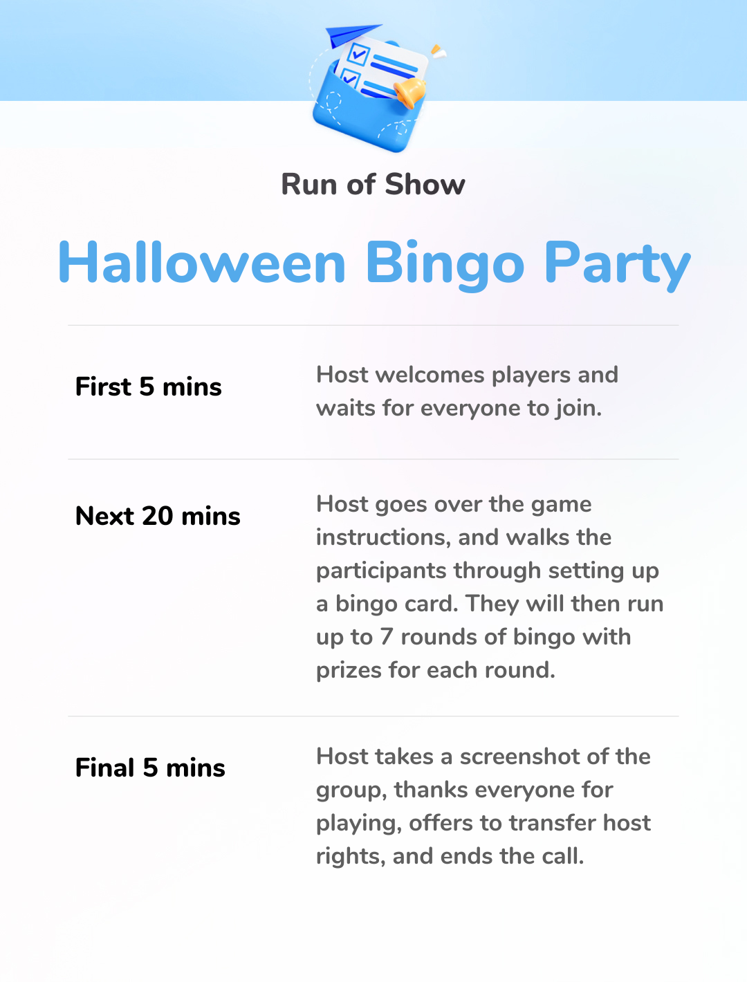 Halloween Bingo Party - Run of Show