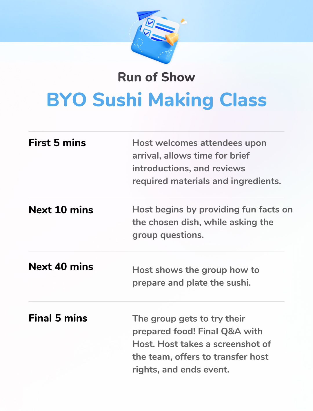 BYO Sushi Making Class - Run of Show
