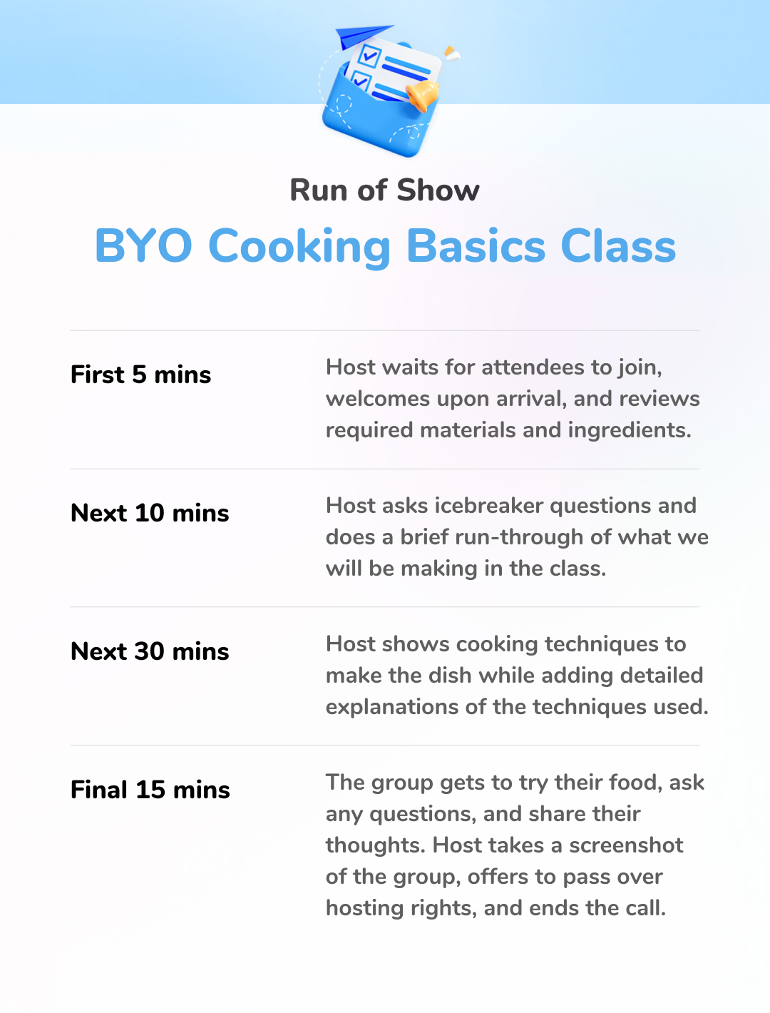 BYO Cooking Basics Class - Run of Show