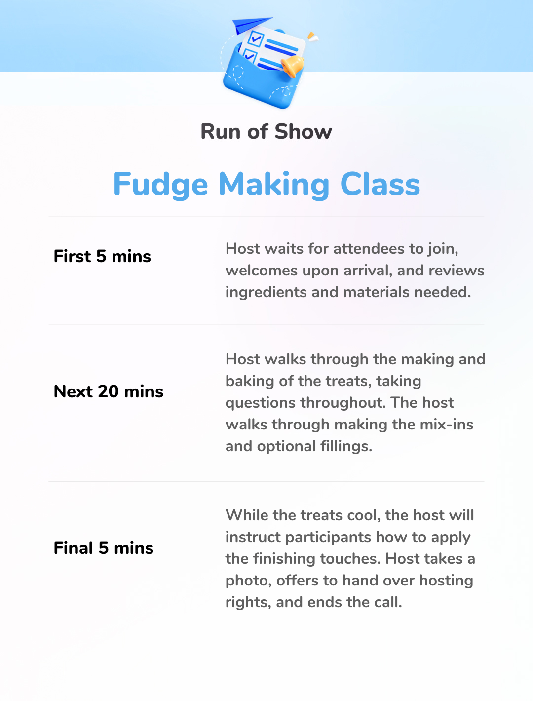 Fudge Making Class - Run of Show