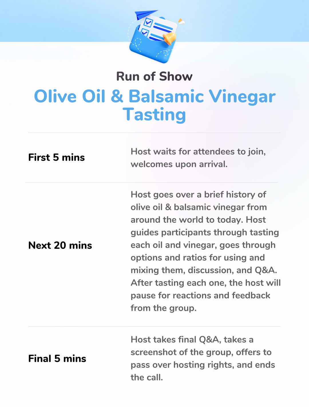 Olive Oil & Balsamic Vinegar Tasting - 30 Minutes - Run of Show