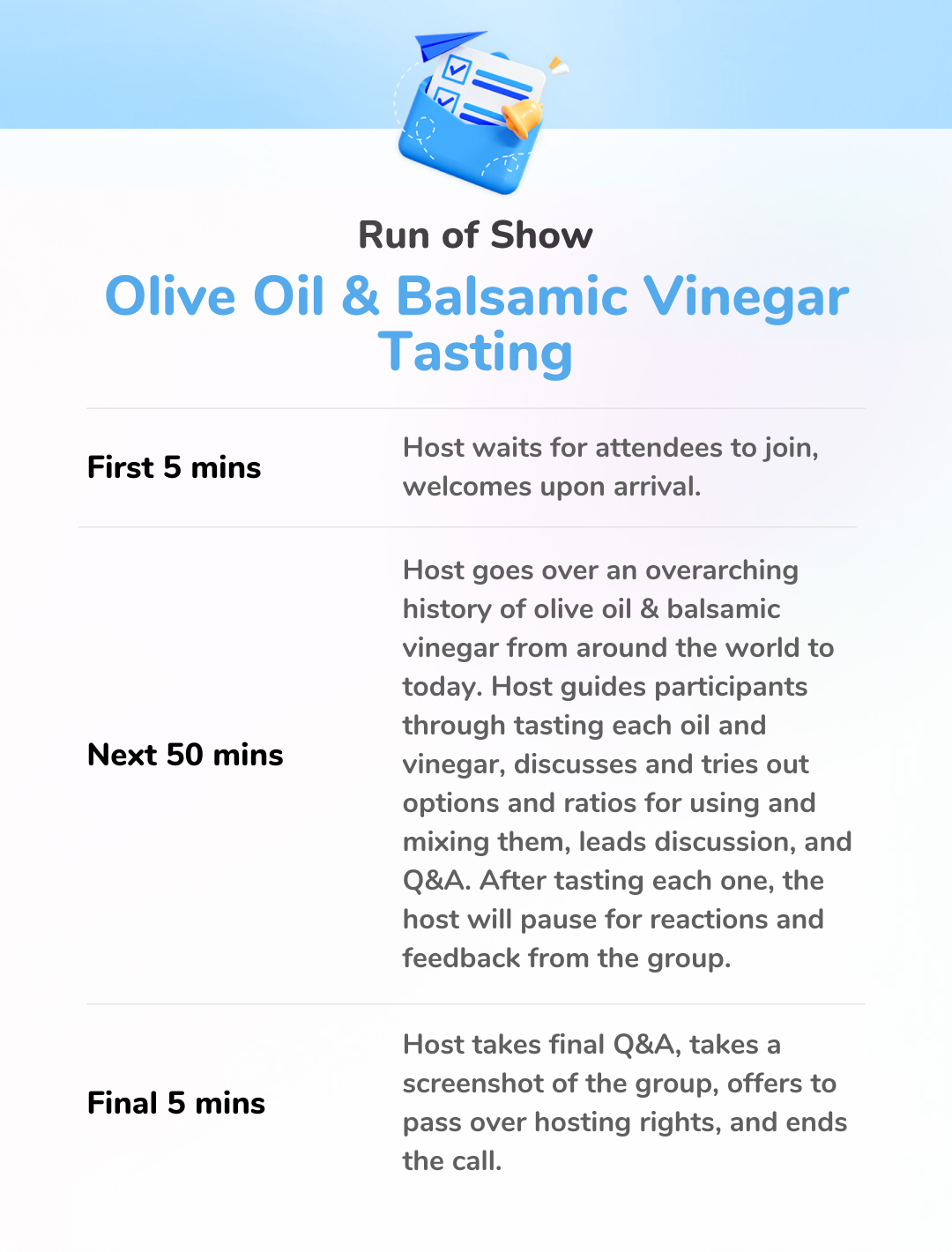Olive Oil & Balsamic Vinegar Tasting - 60 Minutes - Run of Show