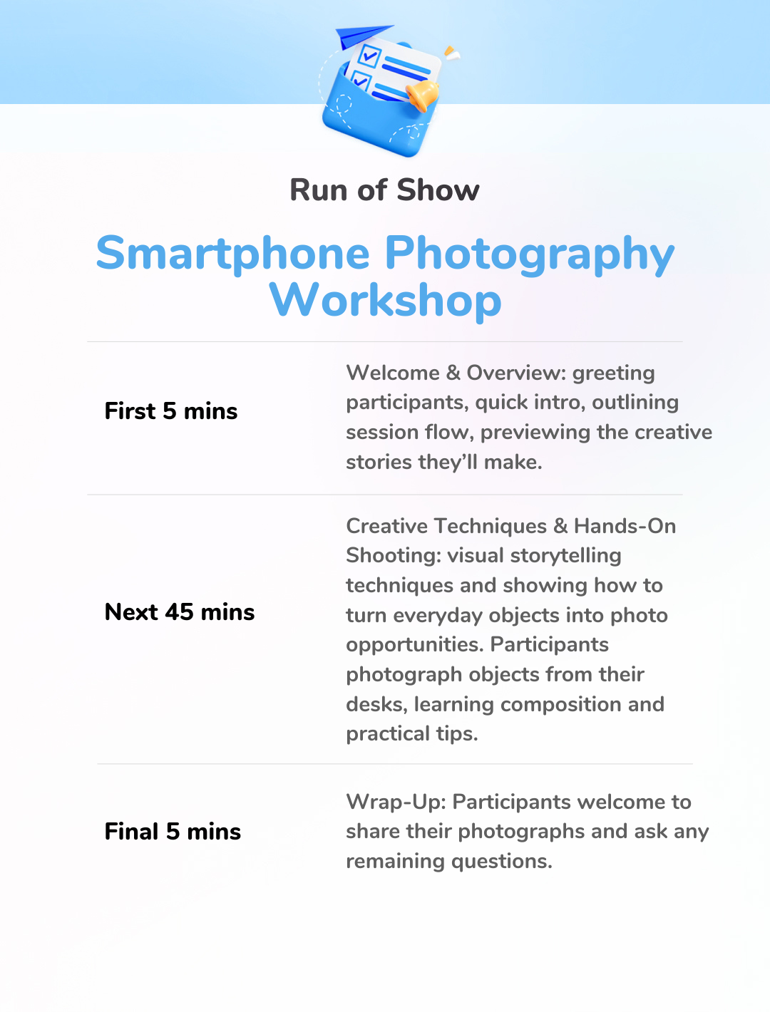 Smartphone Photography Workshop Run of Show