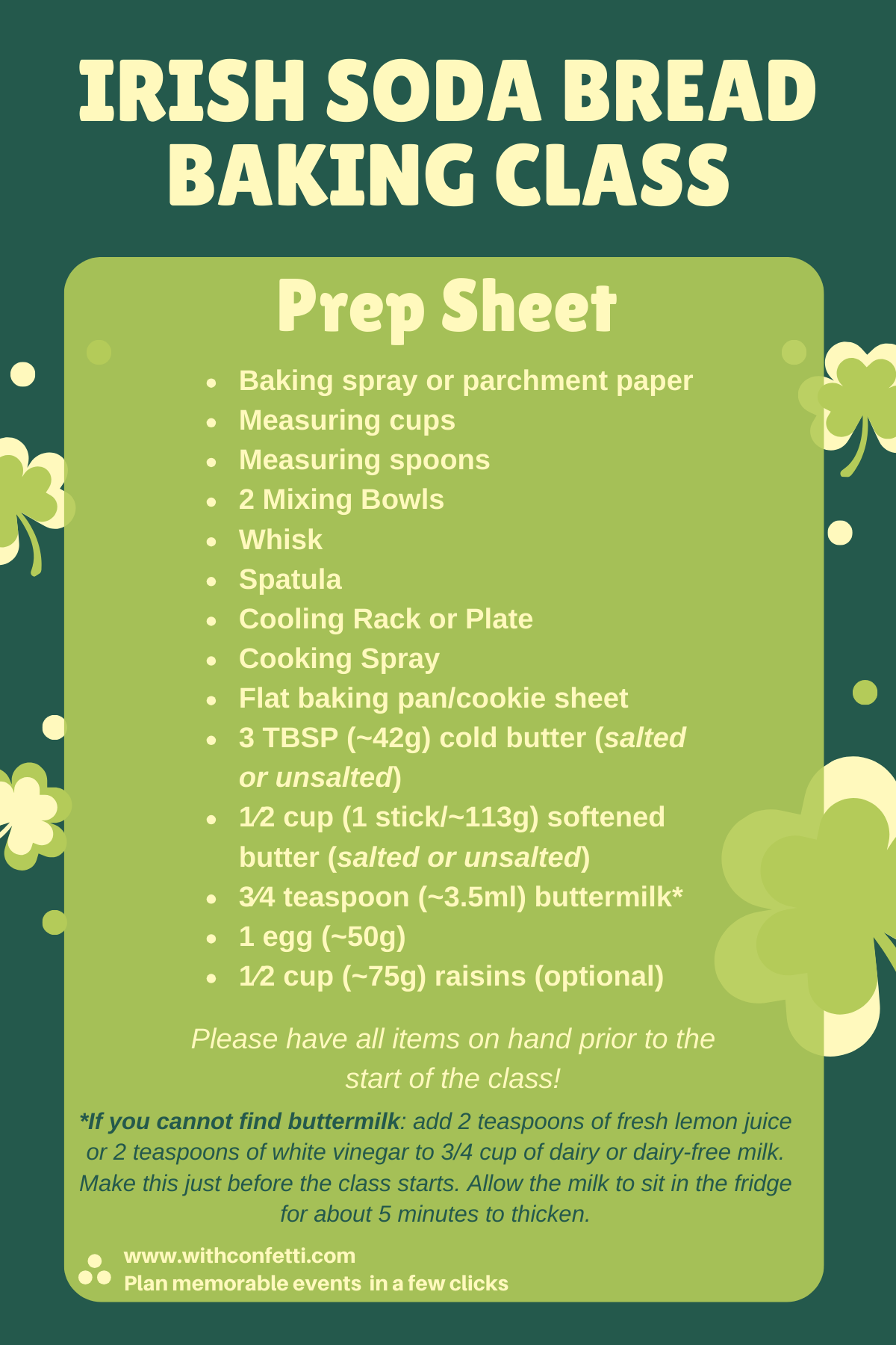 Irish Soda Bread Baking Class Prep List 