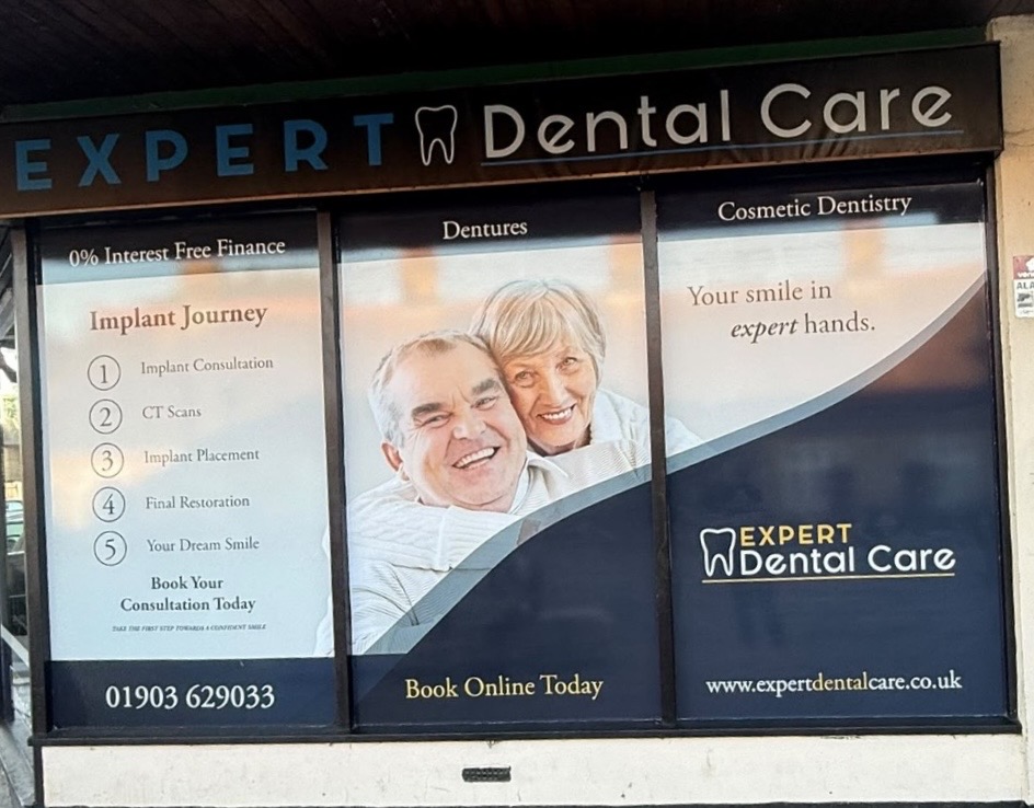 Expert Dental Care shopfront fascia and full window graphics.