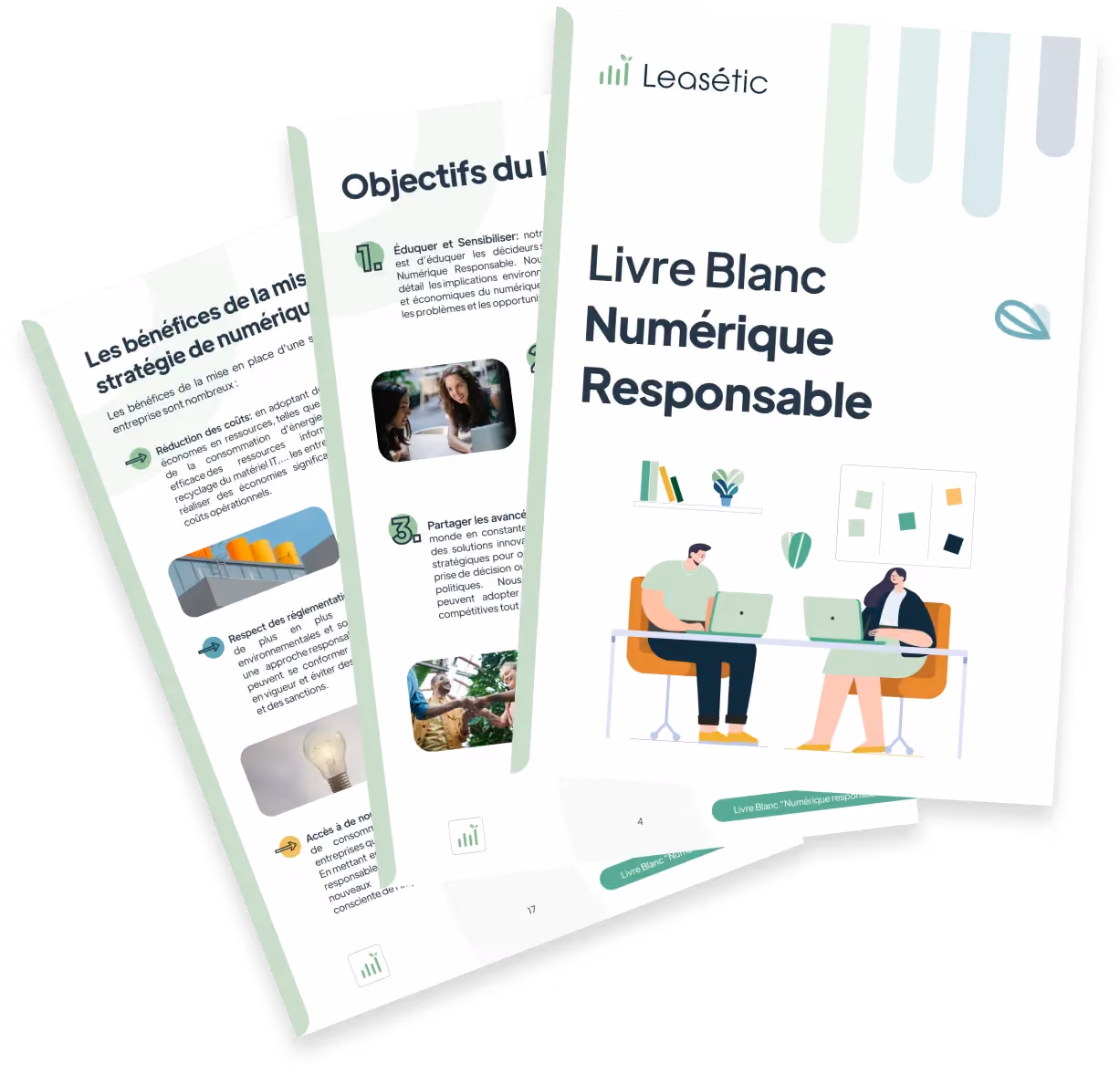 Pages superposées d'un livre blanc en français sur le numérique responsable avec illustrations et texte.