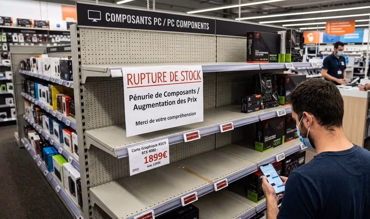 Rayon PC composants presque vide avec panneau rupture de stock et homme regardant son téléphone.