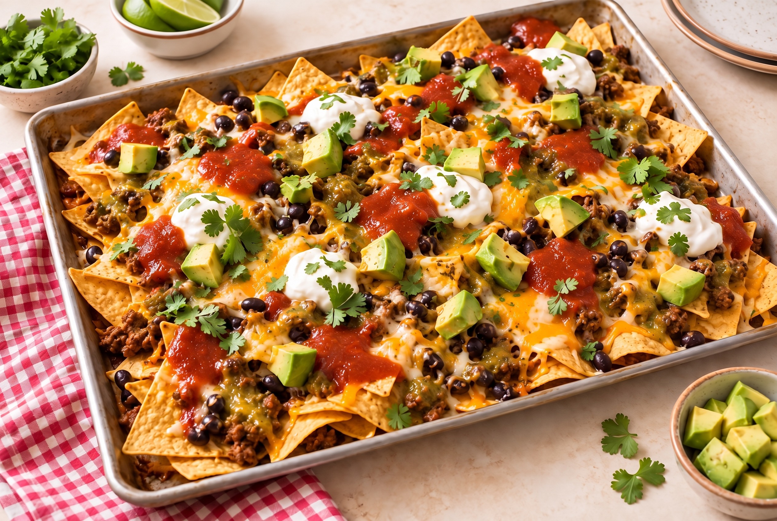 Sheet-pan nachos topped with smooth Chica Celita’s salsa, cheese and avocado