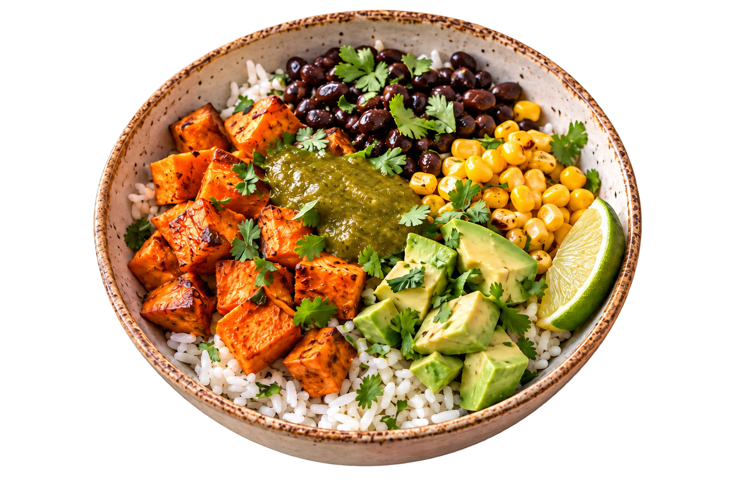 Sweet potato and black bean bowl with smooth salsa verde