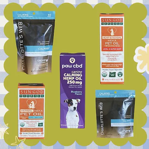 Pet CBD products including a grouping of Charlotte's Web Calming Chews for Dogs, Sun God Herbals Organic Heka Hemp Pet Oil, and Paw CBD Broad Spectrum CBD Dog Calming Oil Tincture