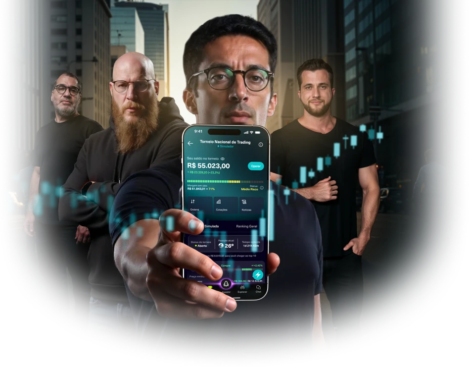 Foto do Buka com um celular apresentando o App da Traders com o Camepeonato.