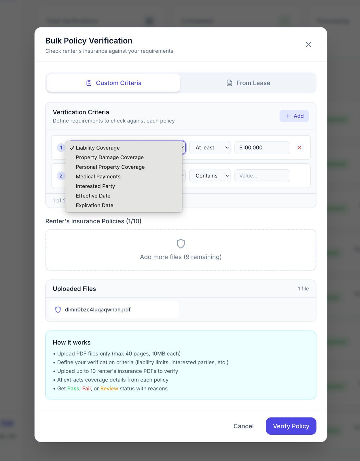 Bulk Policy Verification interface with options to define verification criteria for renter's insurance, file upload section, and instructions on how it works.