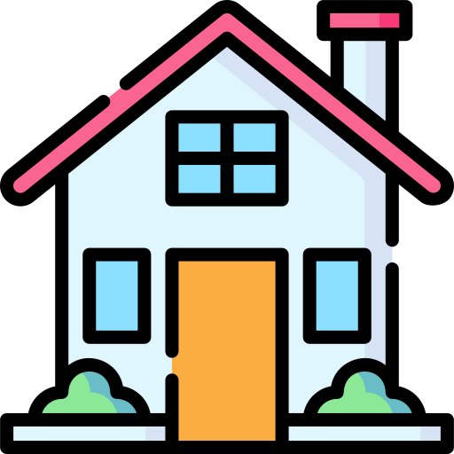 Illustration of a house with a pink roof, blue windows, an orange door, chimney, and green bushes in front.
