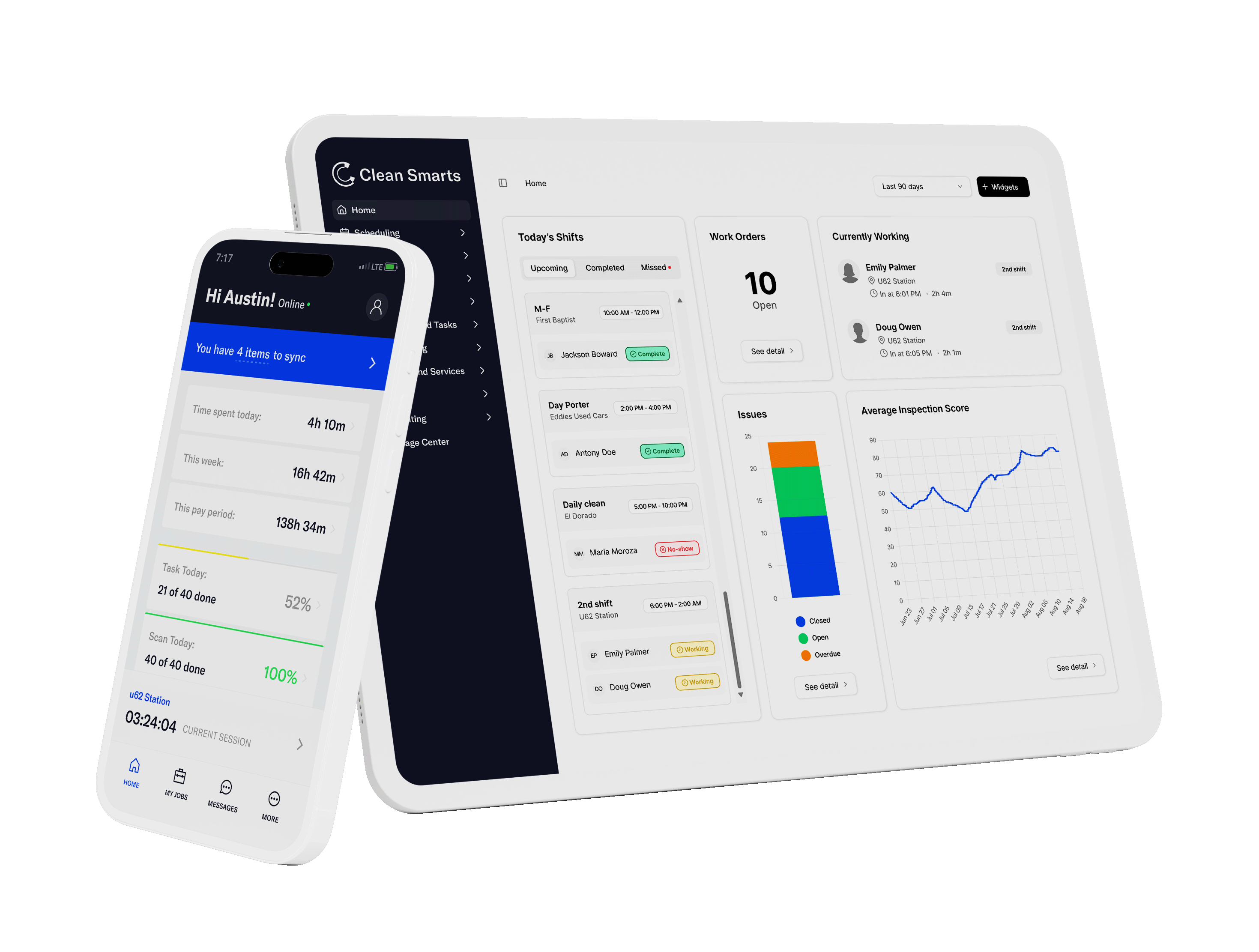 A preview of Cleansmarts app user interface shows time tracking, task management, and location based check-in.