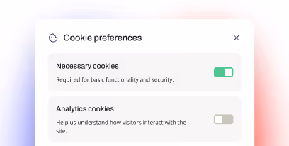 Cookie preferences panel with toggle switches for necessary cookies enabled and analytics cookies disabled.