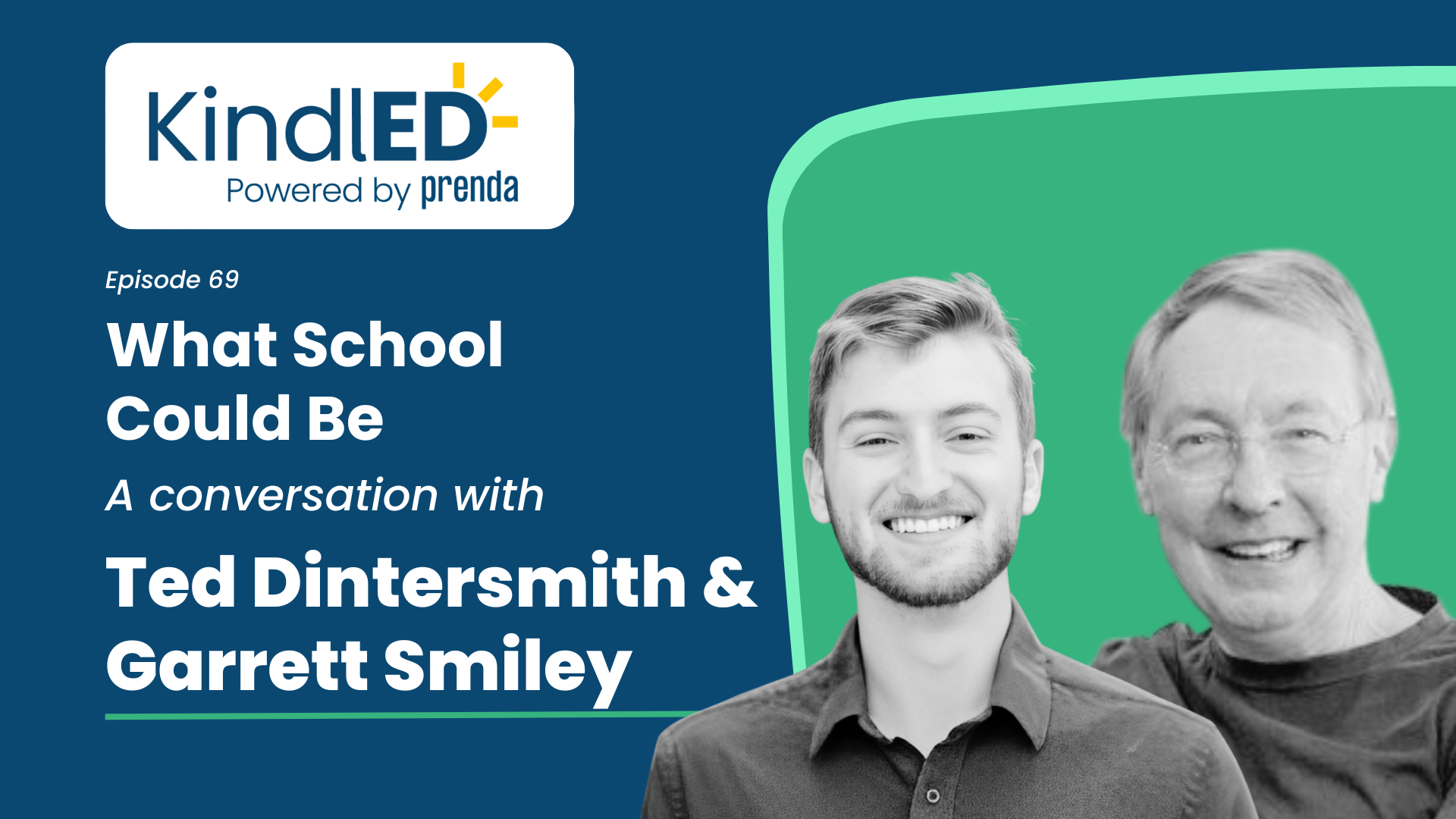 Two innovative educators smile at the camera in front a green and blue background
