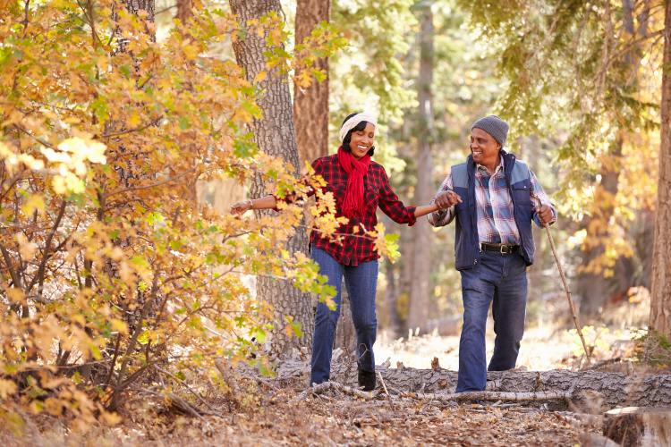 A senior couple walking in a sunlit, lush forest, enjoying a peaceful moment in Central Ohio