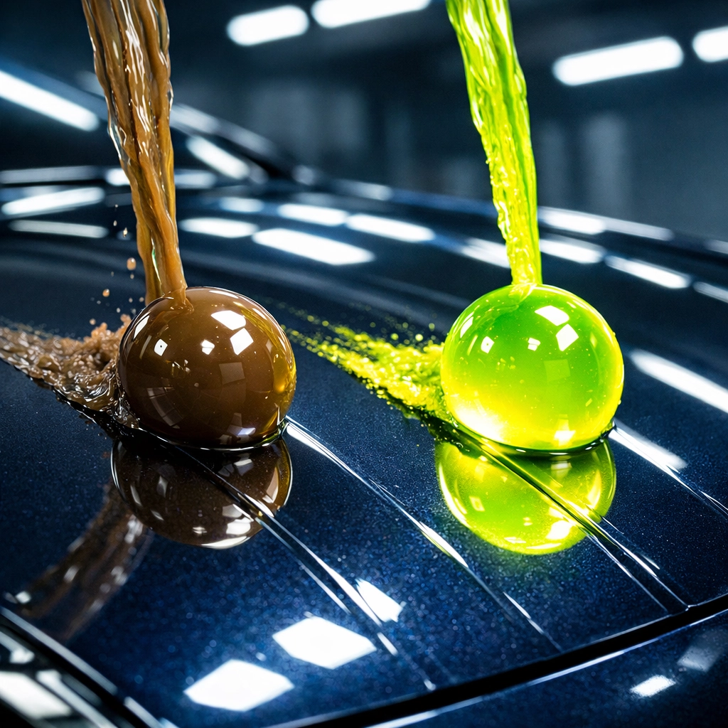 Hydrophobic ceramic coating on a car hood repelling water and chemicals for ultimate paint protection.