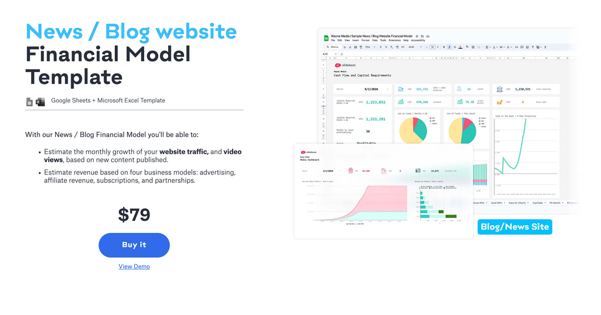 News / Blog Website Financial Model Template - Slidebean