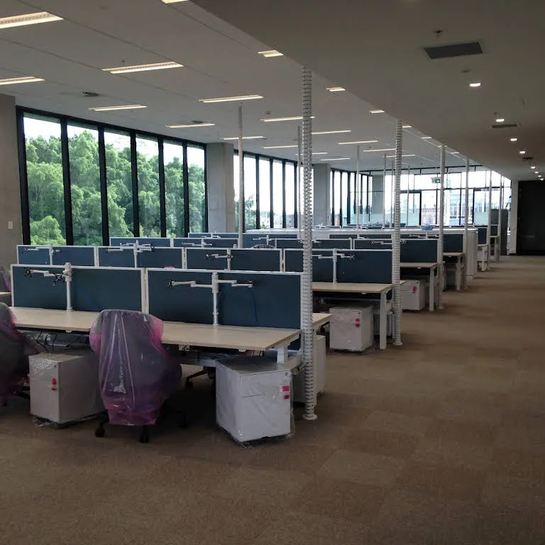 Several corporate desks, abandoned, where once Statton Oakmont employees worked. 
