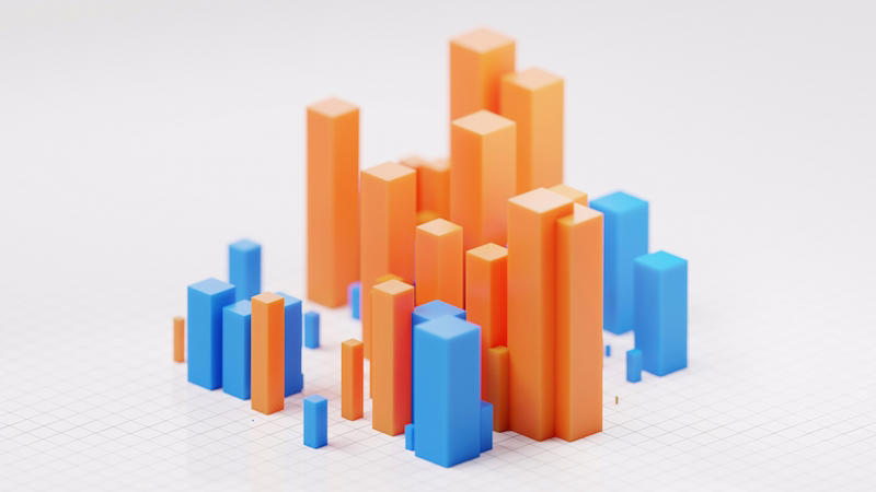 A 3D isometric bar graph with rising orange and blue blocks, symbolizing data visualization, architecture scaling, performance metrics, and technological growth