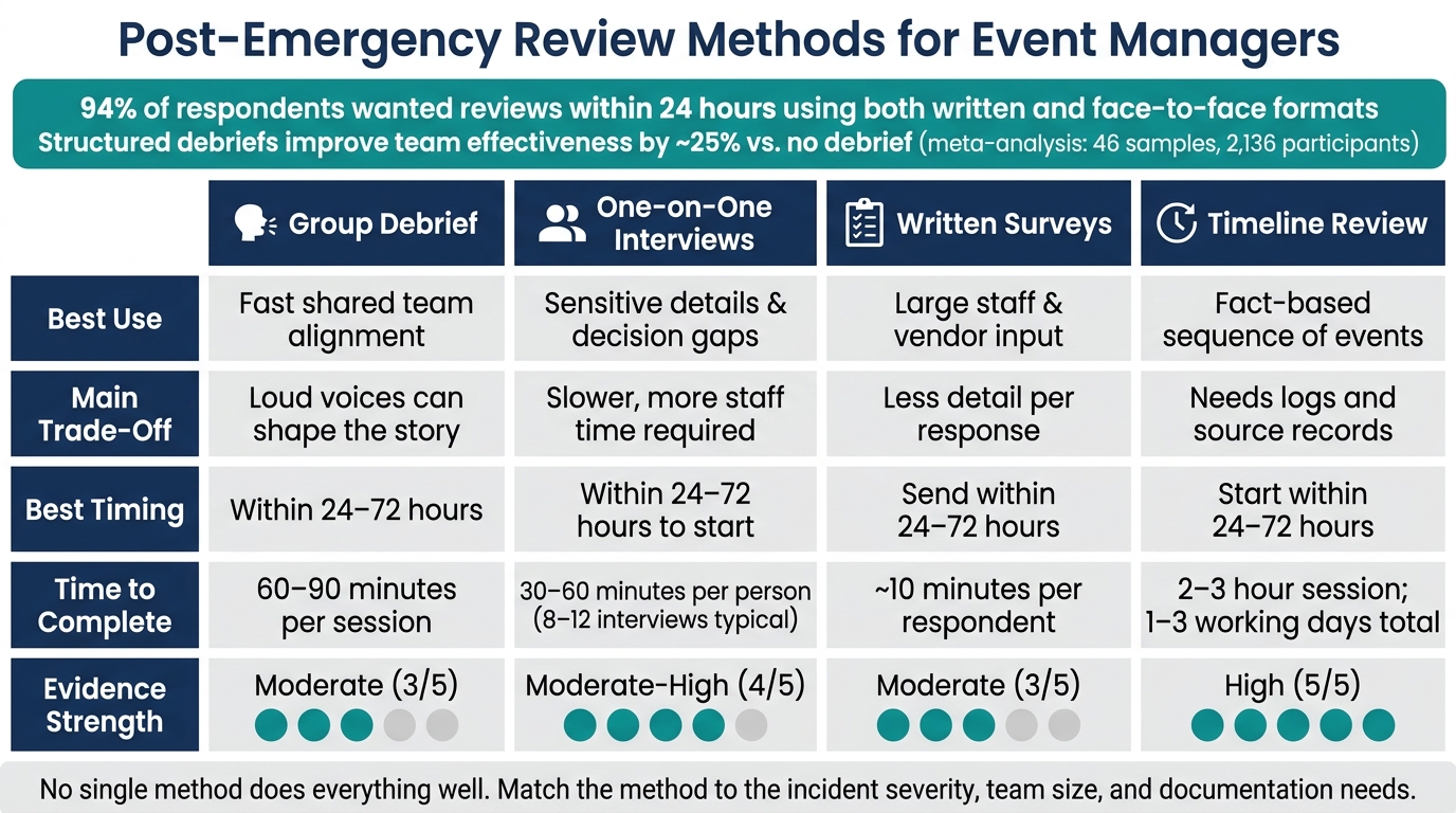Post-Emergency Review Methods: Quick Comparison Guide for Event Managers