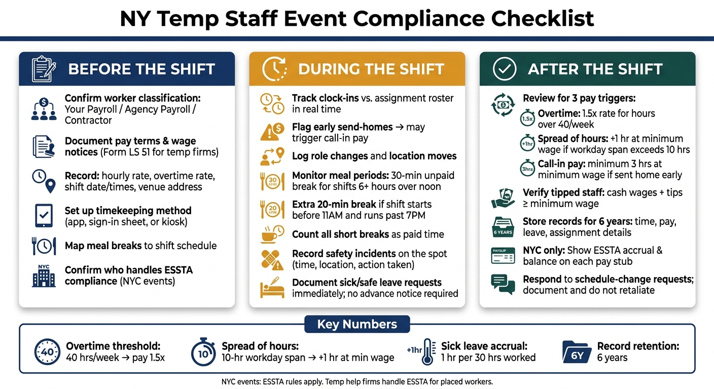 NY Temp Staff Event Compliance: Before, During & After Shift Checklist