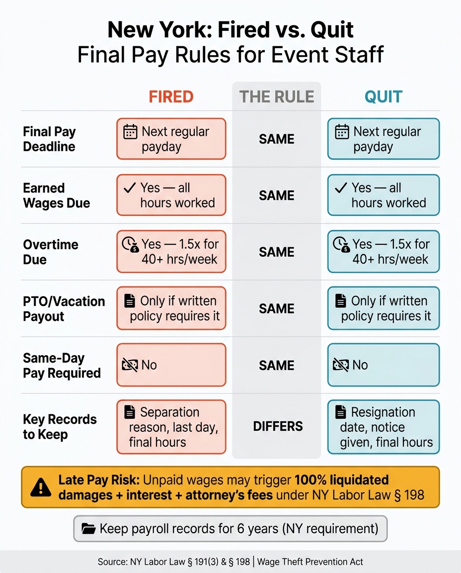 NY Fired vs. Quit Final Pay Rules for Event Staff