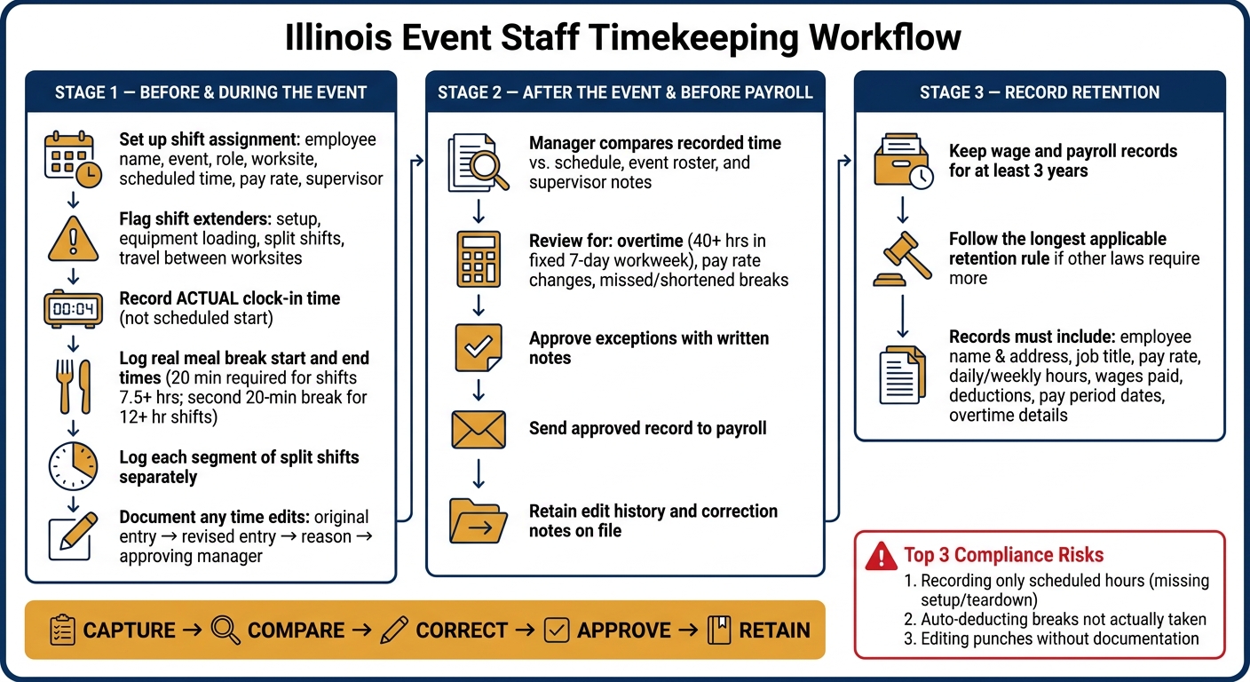 Illinois Event Staff Timekeeping Workflow: Record, Compare, Correct, Approve, Retain