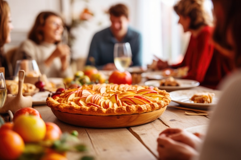 People enjoying a meal with an apple tart centerpiece.