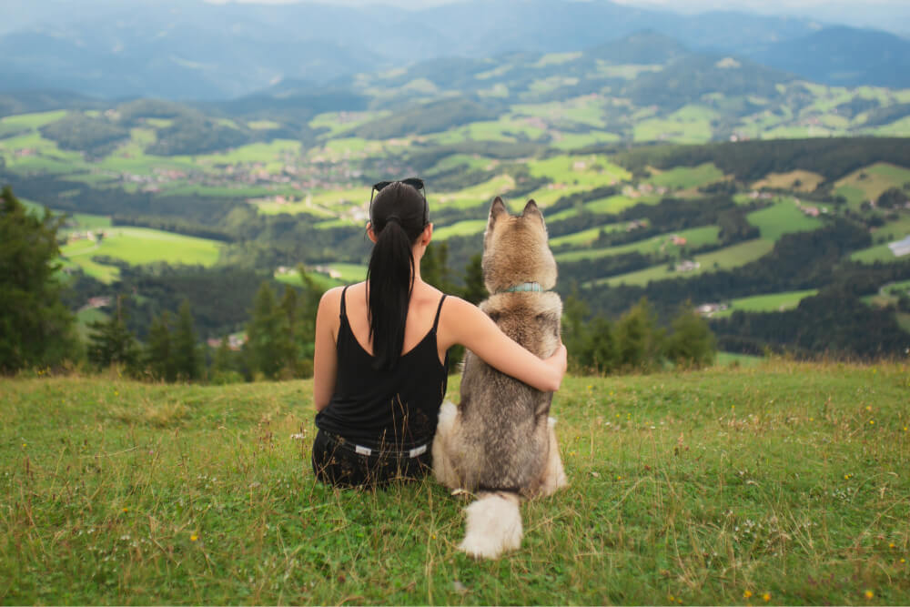 Woman and husky overlooking green valley.