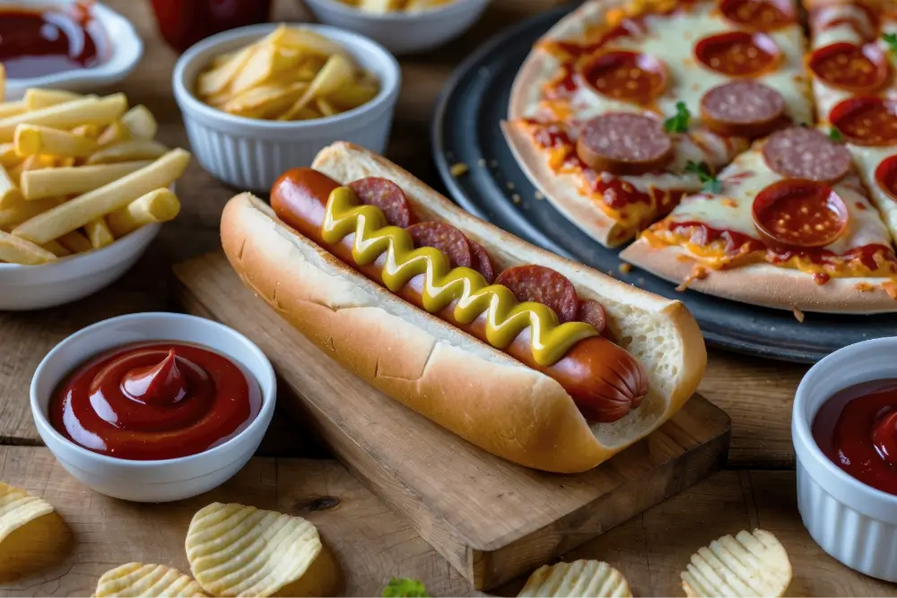 Hot dog, fries, pizza, ketchup.