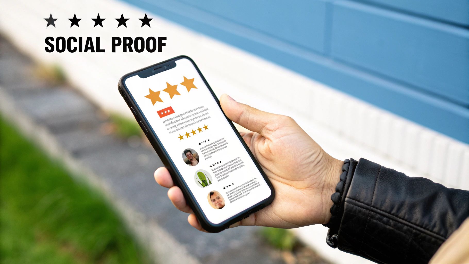 A visual representation of different types of social proof, including customer reviews, star ratings, and testimonials, highlighting their role in building trust.