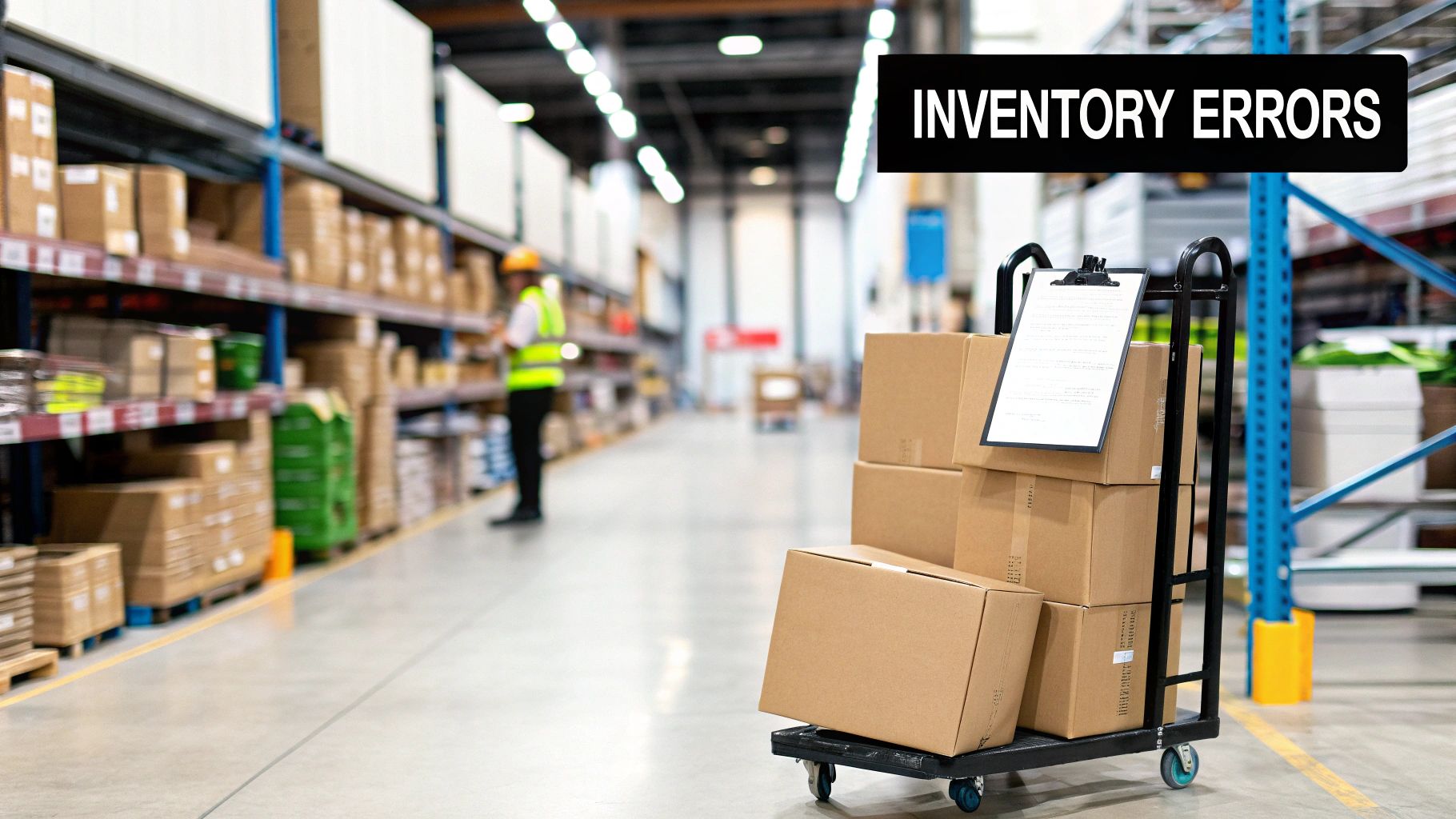 Warehouse manager looking stressed while reviewing inventory on a tablet