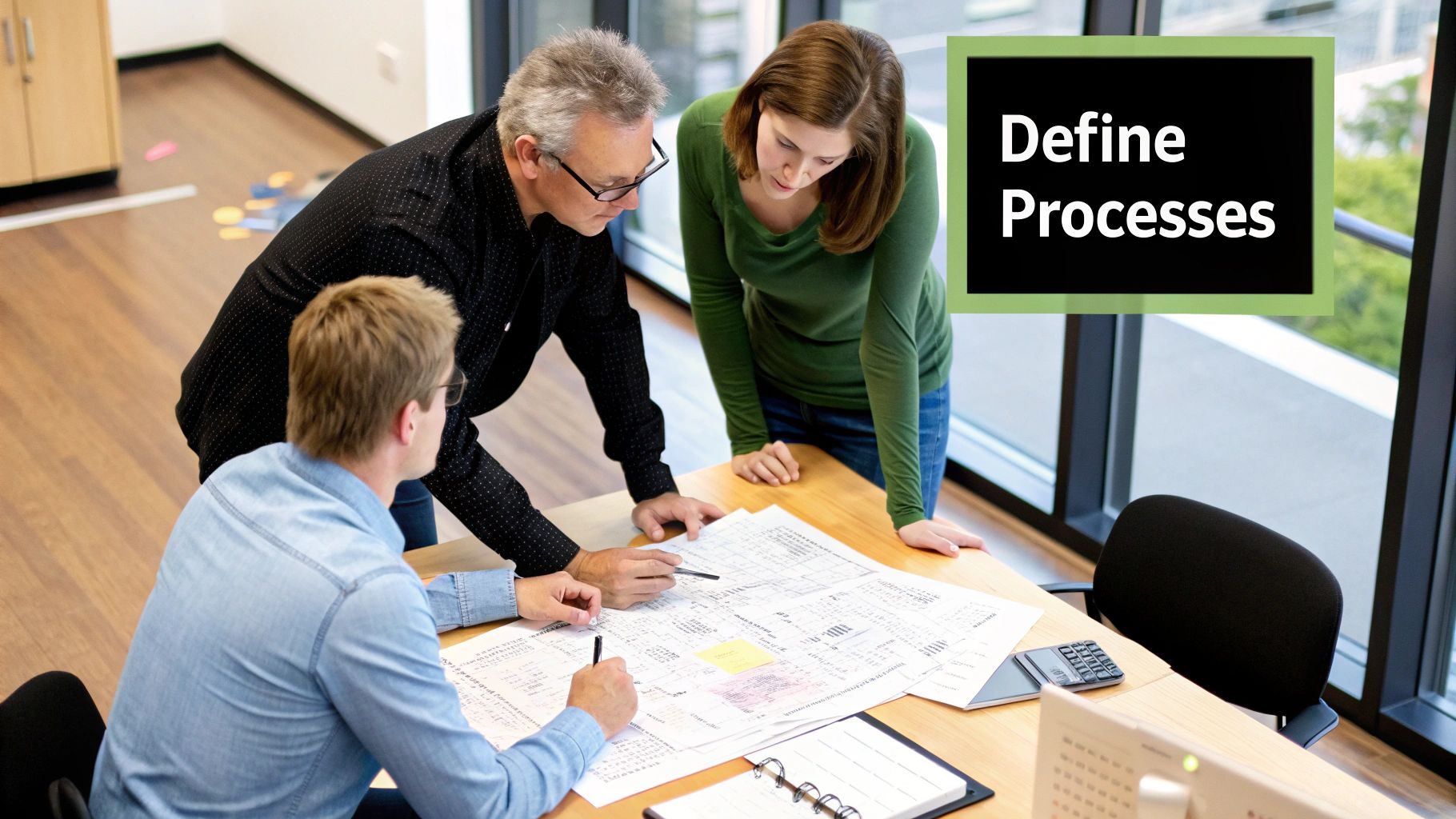 An overhead view of a team collaborating at a desk with laptops and paperwork, strategizing on processes.