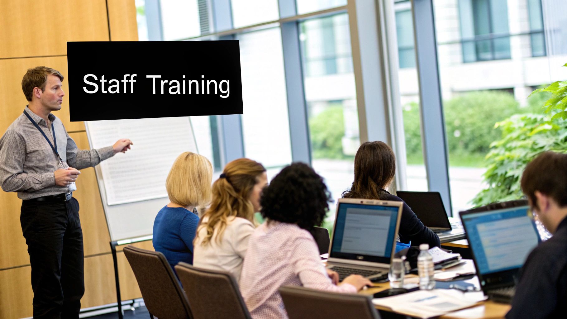 A person updates a document on a laptop while two colleagues review a checklist on a tablet, symbolizing the continuous improvement of SOPs.
