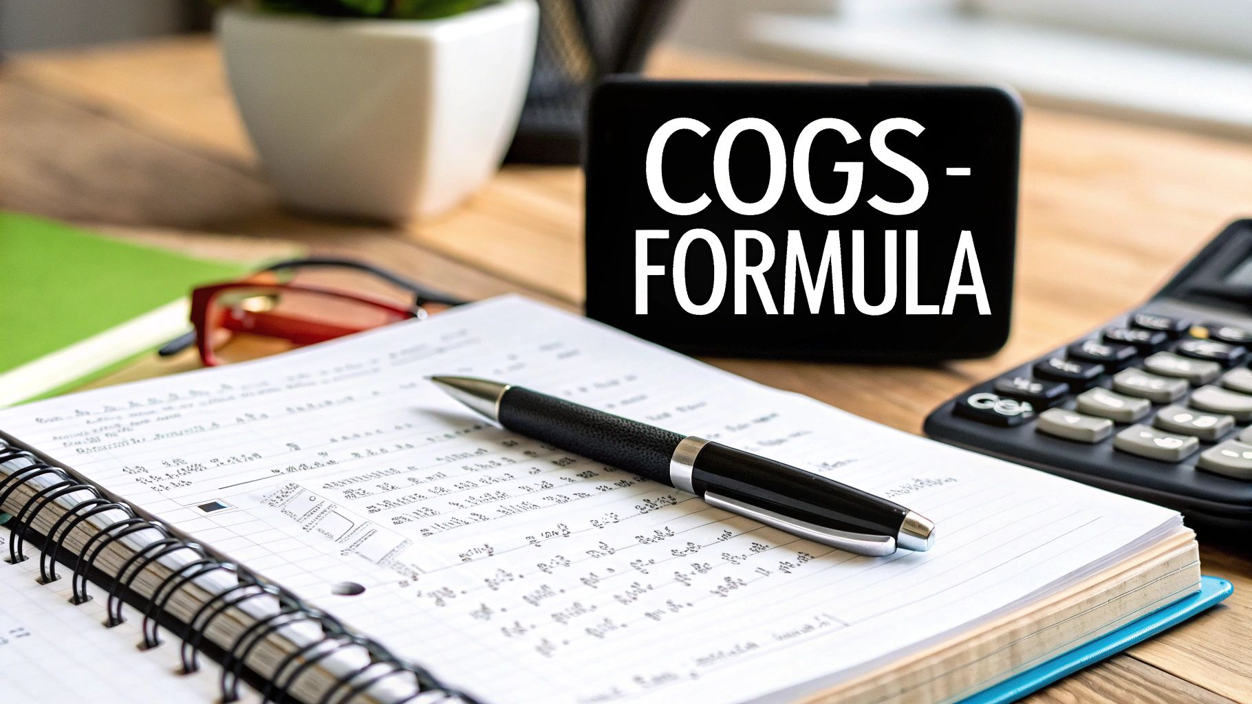 A calculator and pen resting on financial documents, symbolizing the process of calculating COGS.