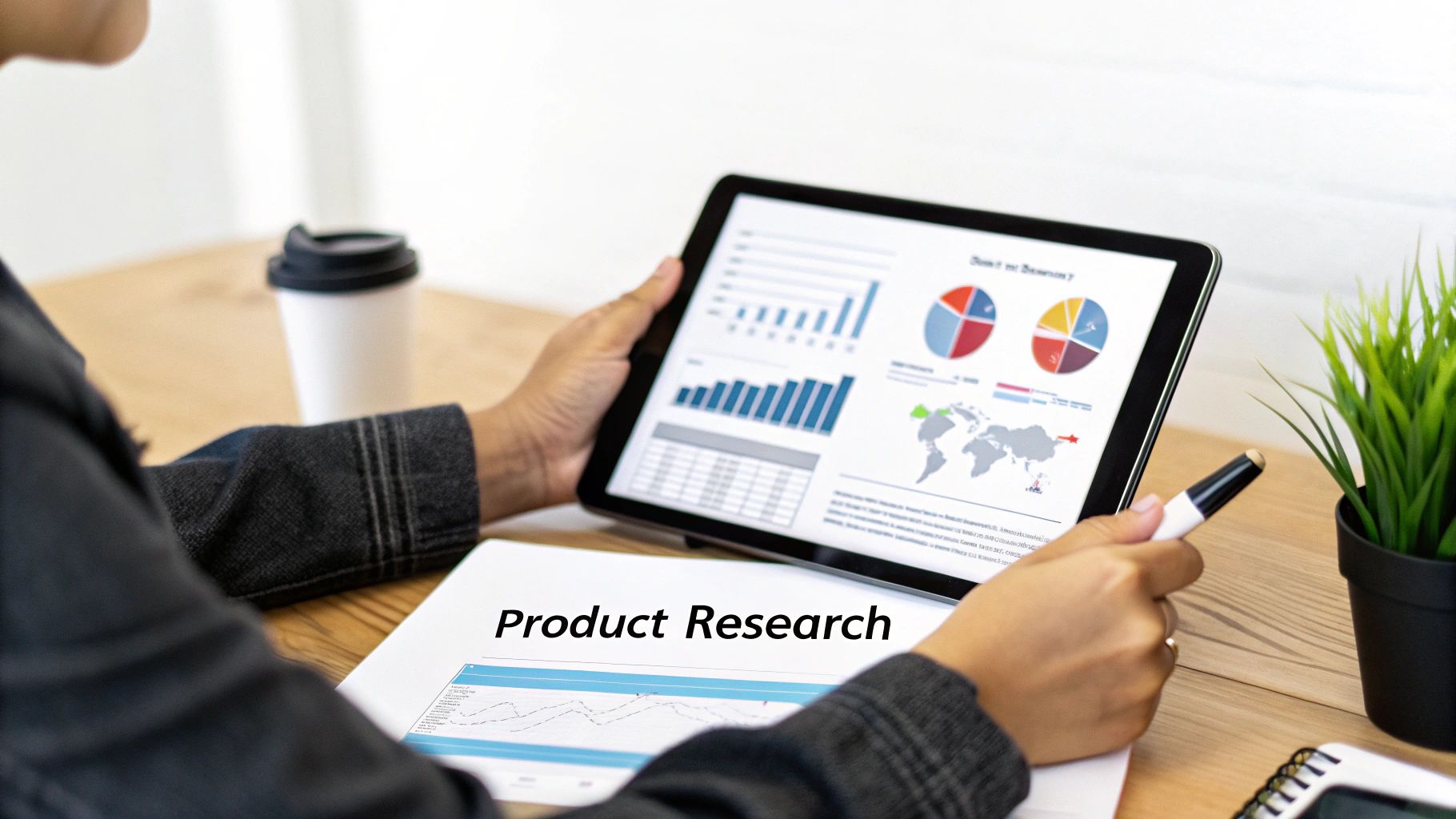 Person using a laptop to analyze product data charts and graphs.