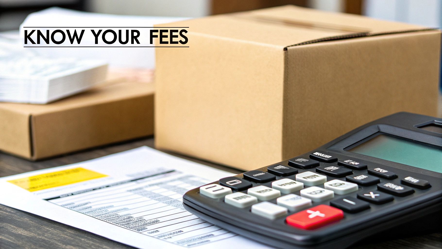 A person using a calculator with stacks of coins and a small shipping box nearby, representing FBA cost calculation.