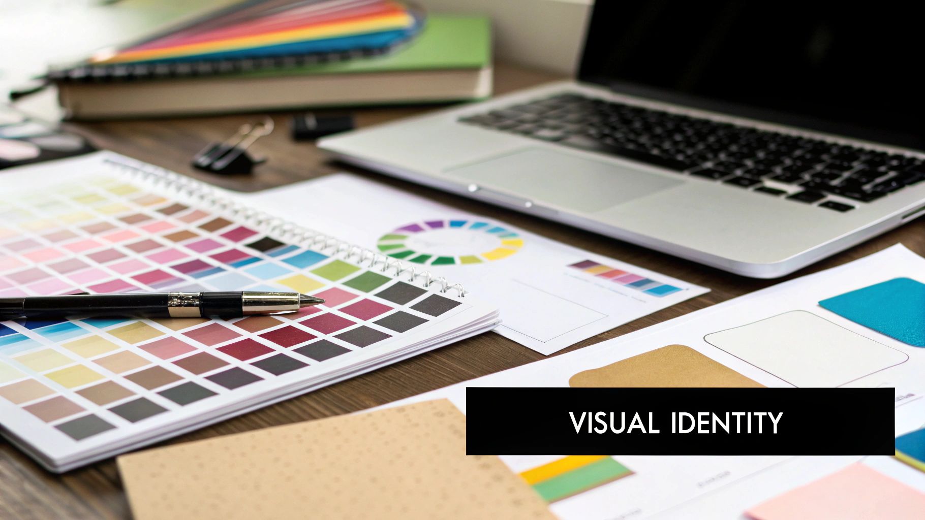 A mood board showing a cohesive visual identity system with logo variations, a color palette, and font pairings.