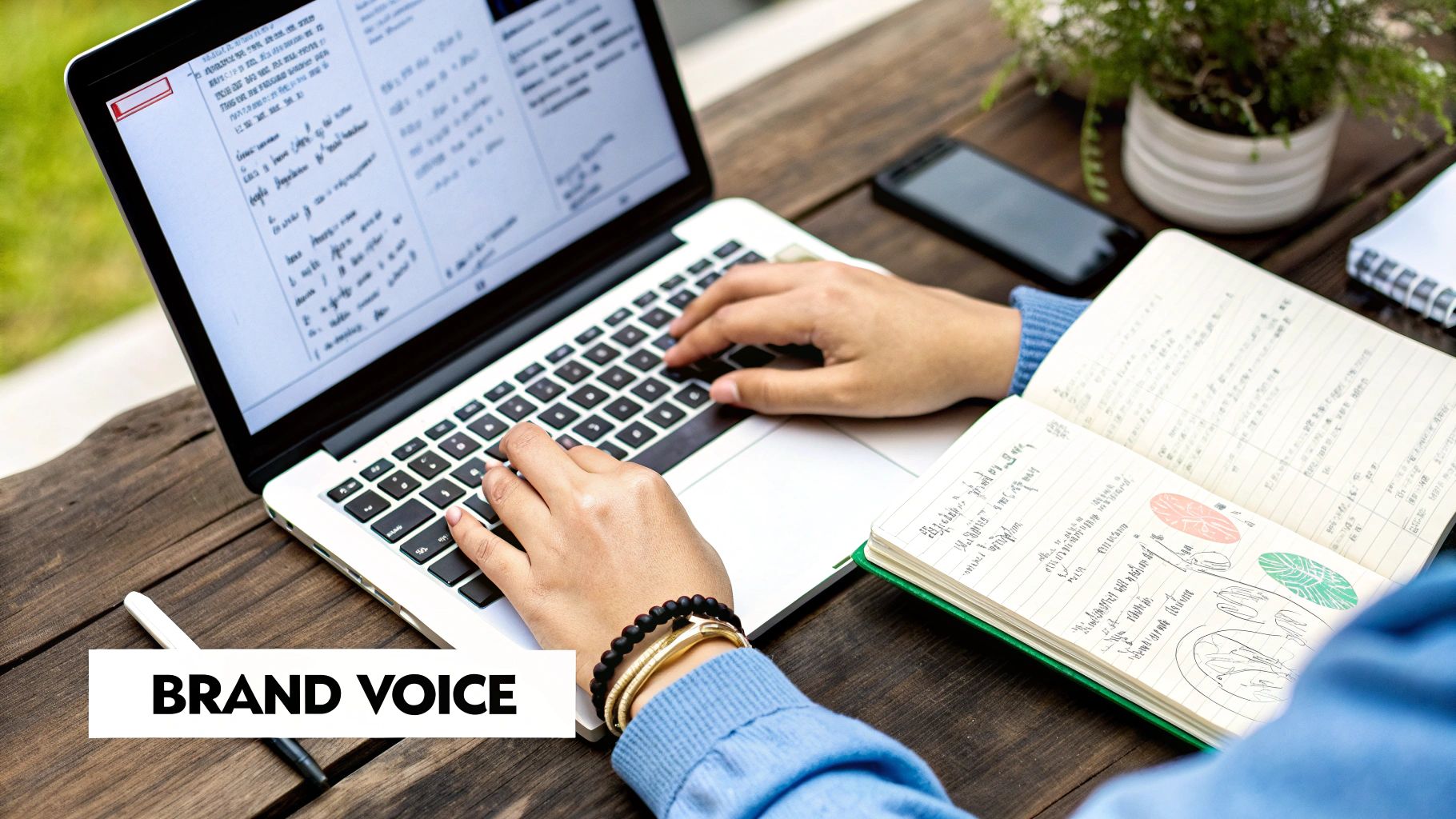 A person writing at a desk with mood boards and brand concepts in a background, representing the creation of a brand's voice.