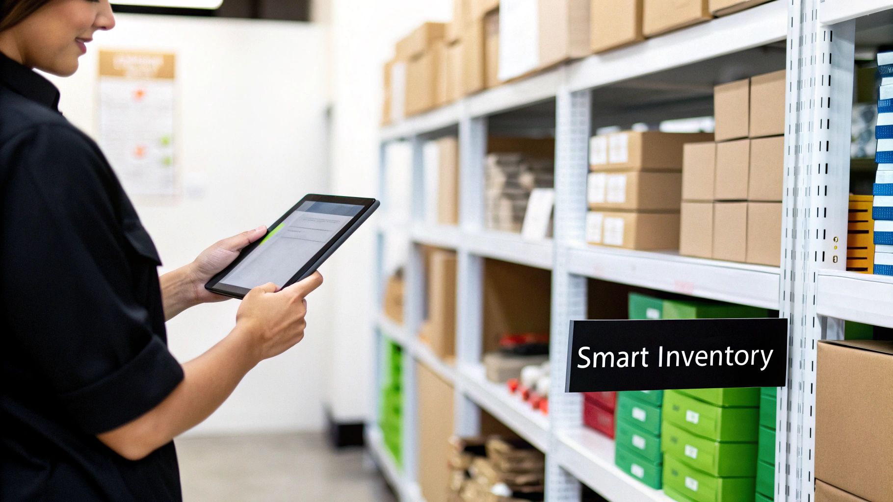 Person using a barcode scanner in a warehouse with neatly organized shelves