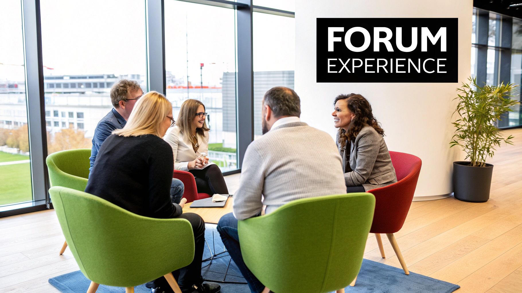 Two groups of diverse entrepreneurs engaged in a deep, collaborative discussion in a modern office lounge