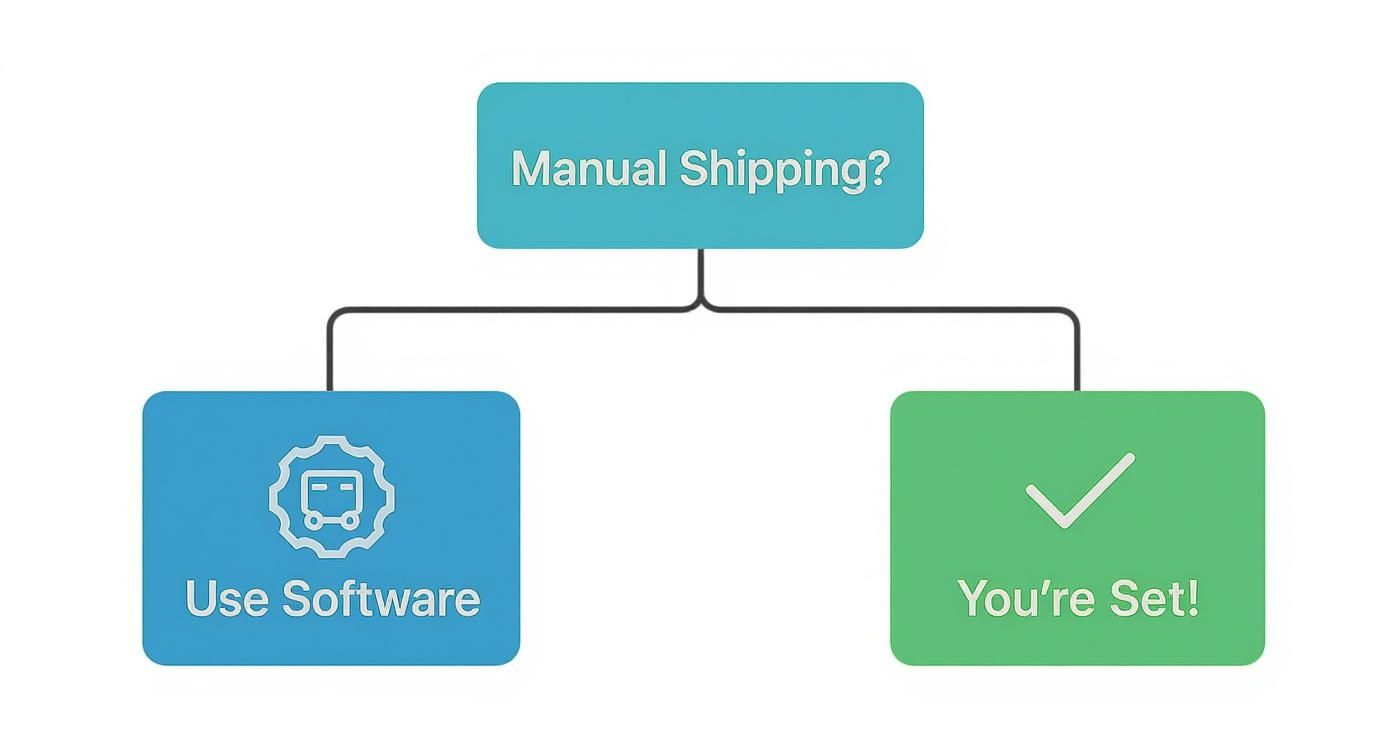 Infographic decision tree asking 'Manual Shipping?' If yes, the path leads to 'Use Software' with a shipping label icon. If no, the path leads to 'You're Set!' with a checkmark icon.