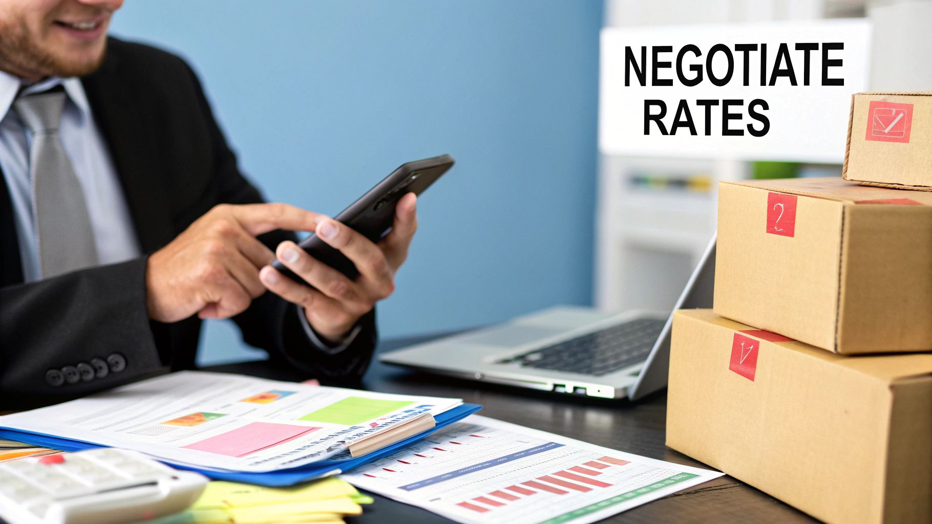 An image of a person at a desk with a laptop, calculator, and shipping boxes, appearing to compare and calculate shipping rates.