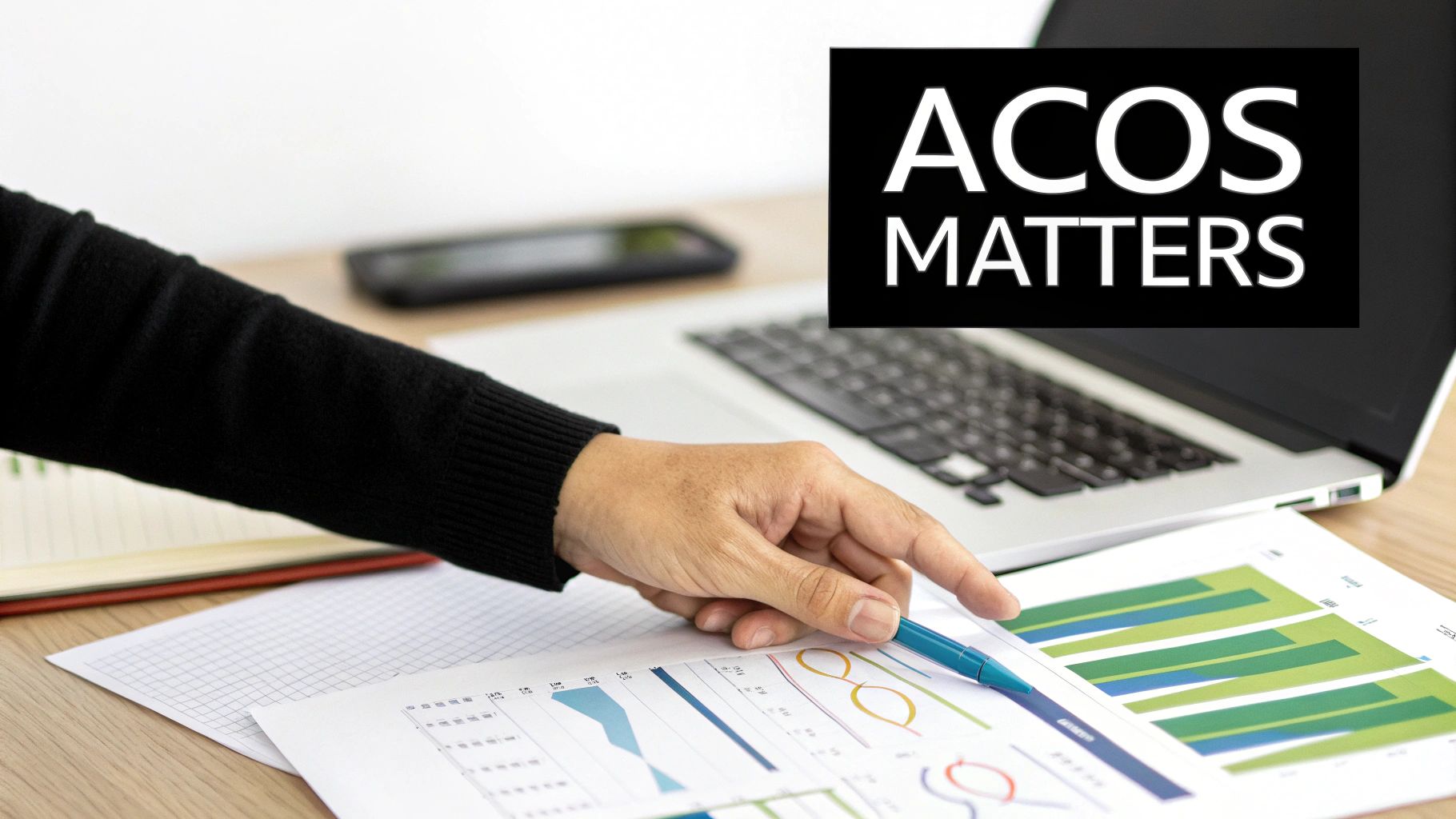 A person pointing at a large screen displaying business intelligence dashboards and key performance indicators like ACOS.