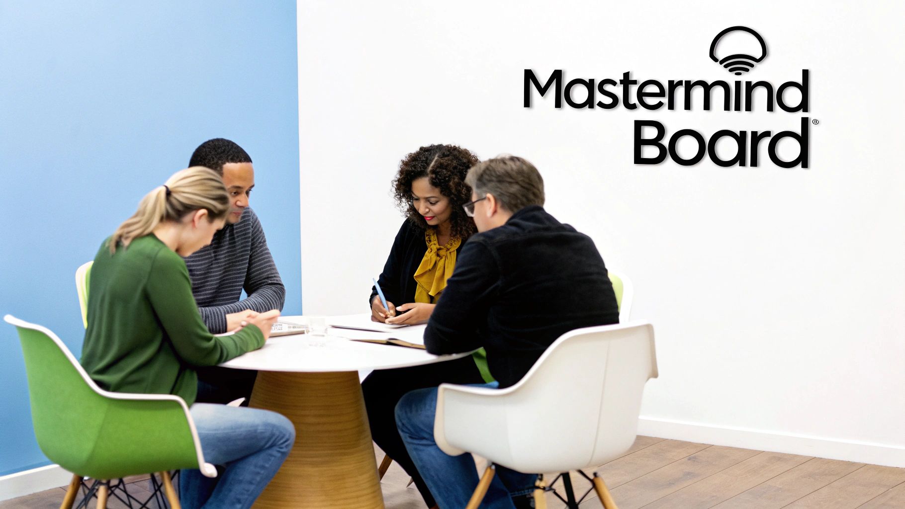 A group of diverse entrepreneurs collaborating around a modern office table, brainstorming ideas.