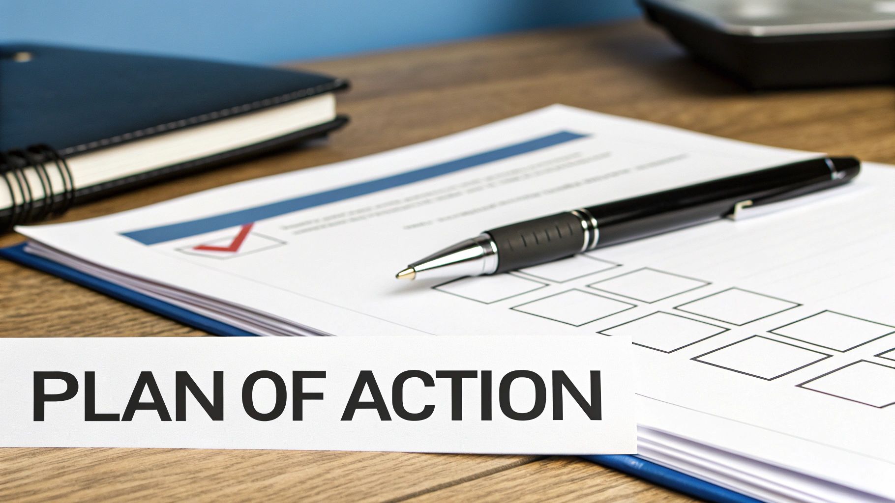 Stack of papers with a magnifying glass on top, symbolizing a detailed plan.