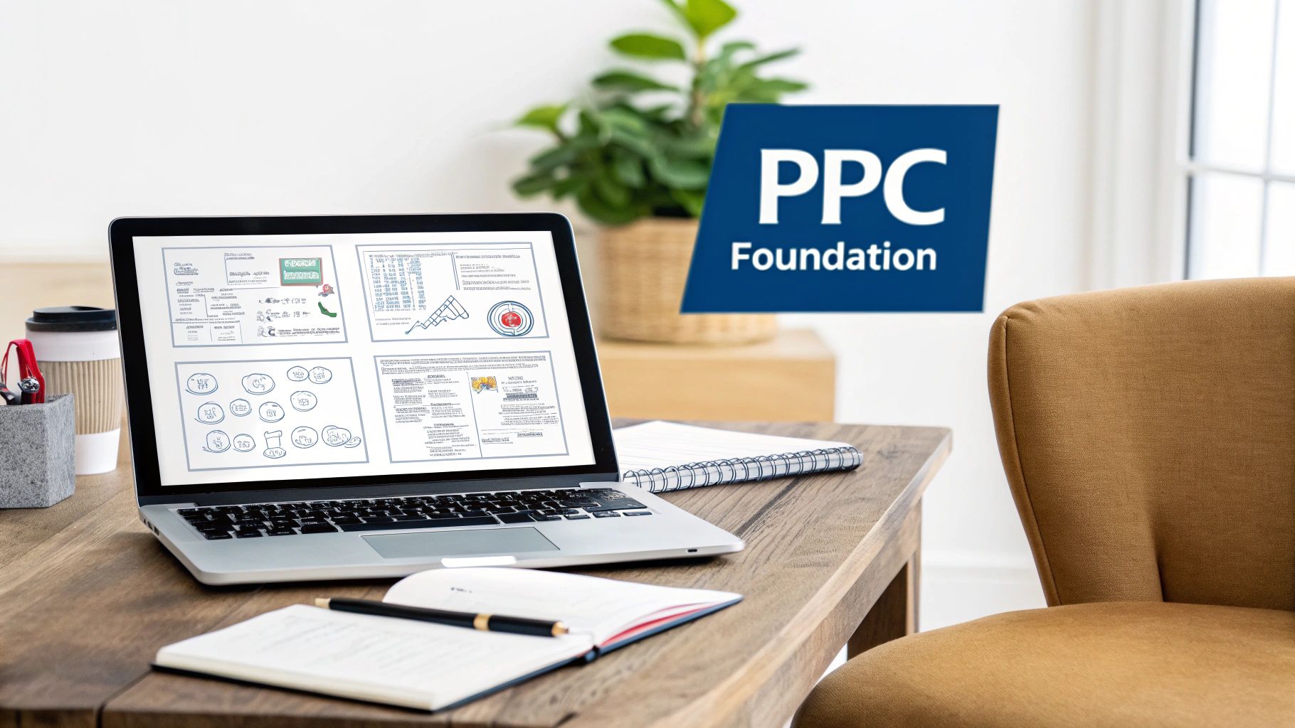 A person at a desk with multiple monitors displaying analytics dashboards, planning a PPC campaign.